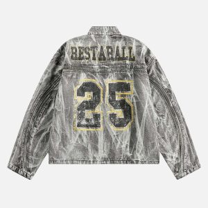Concert Outfit Hip-Hop Distressed Washed Printed Denim Jacket