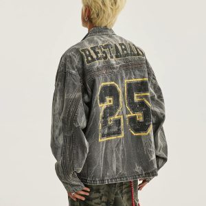 Concert Outfit Hip-Hop Distressed Washed Printed Denim Jacket