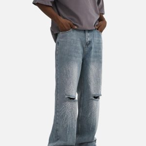 Concert Outfit Hip-Hop Shining Cross Hot Diamond Distressed Washed  Baggy Jeans