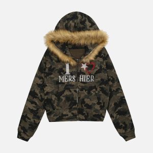 Concert Outfit Hotfix Rhinestones Camouflage Fur Hooded Fleece Jacket