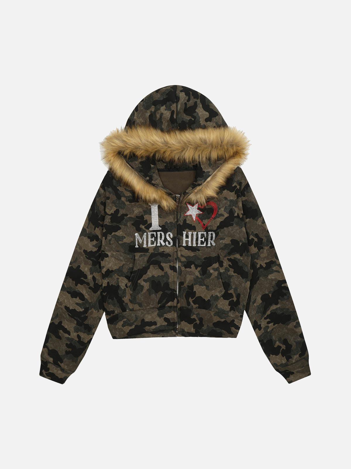 Concert Outfit Hotfix Rhinestones Camouflage Fur Hooded Fleece Jacket Concert Outfit Hotfix Rhinestones Camouflage Fur Hooded Fleece Jacket