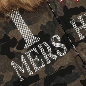 Concert Outfit Hotfix Rhinestones Camouflage Fur Hooded Fleece Jacket