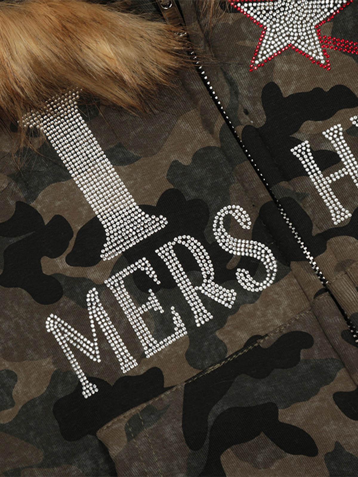 Concert Outfit Hotfix Rhinestones Camouflage Fur Hooded Fleece Jacket Concert Outfit Hotfix Rhinestones Camouflage Fur Hooded Fleece Jacket