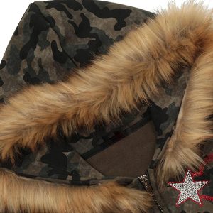 Concert Outfit Hotfix Rhinestones Camouflage Fur Hooded Fleece Jacket