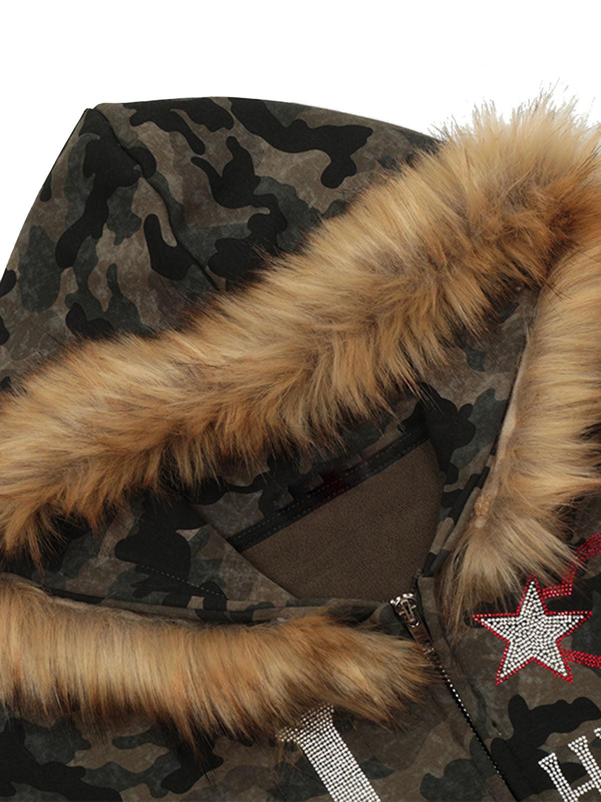 Concert Outfit Hotfix Rhinestones Camouflage Fur Hooded Fleece Jacket Concert Outfit Hotfix Rhinestones Camouflage Fur Hooded Fleece Jacket