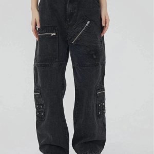 Concert Outfit Irregular Pocket Washed Jeans