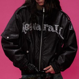 Concert Outfit Lace Lettering Fur Hooded Leather Quited Jacket