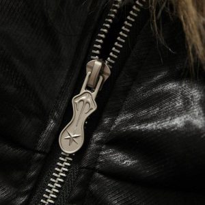 Concert Outfit Lace Lettering Fur Hooded Leather Quited Jacket