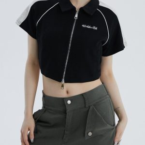 Concert Outfit Lapel Zipper Colorblock Tee