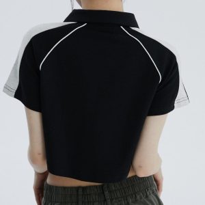 Concert Outfit Lapel Zipper Colorblock Tee