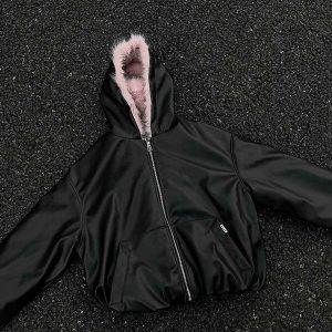 Concert Outfit Leather Pink Fur Hooded Quilted Jacket