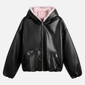Concert Outfit Leather Pink Fur Hooded Quilted Jacket