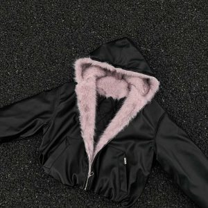 Concert Outfit Leather Pink Fur Hooded Quilted Jacket