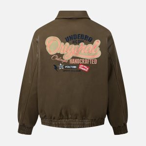 Concert Outfit Lettering Embroidered Leather Bomber Jacket