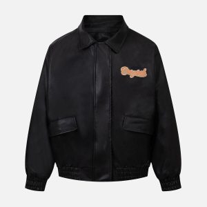 Concert Outfit Lettering Embroidered Leather Bomber Jacket