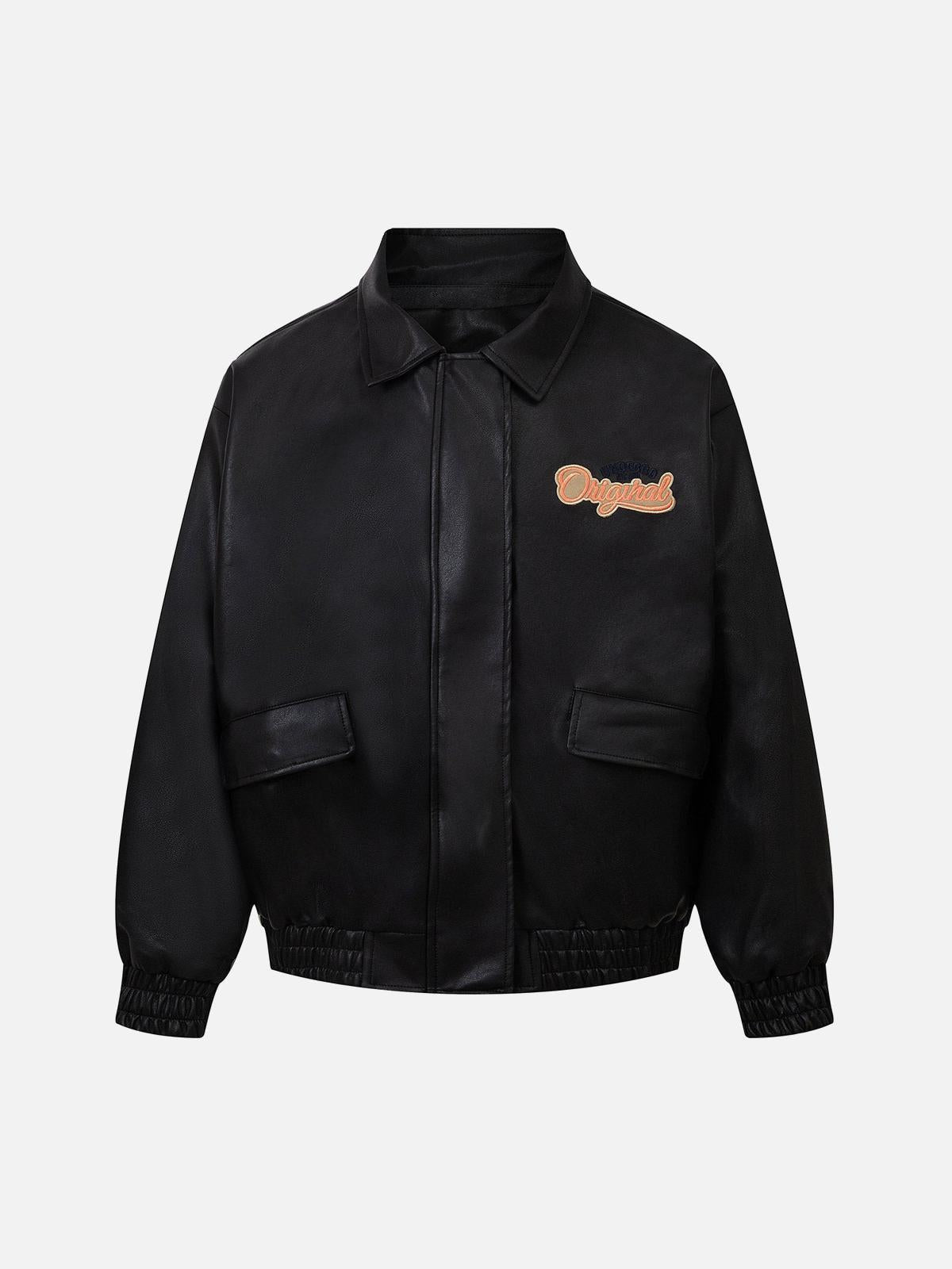 Concert Outfit Lettering Embroidered Leather Bomber Jacket Concert Outfit Lettering Embroidered Leather Bomber Jacket