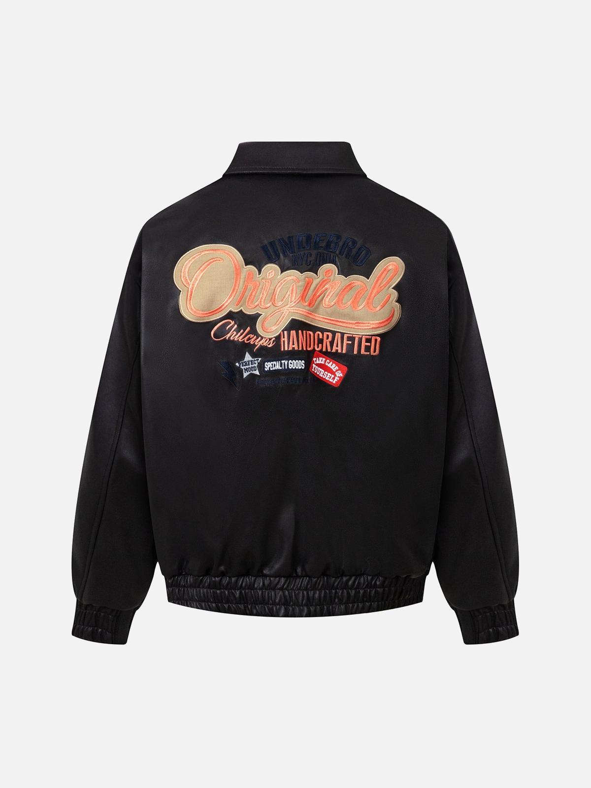 Concert Outfit Lettering Embroidered Leather Bomber Jacket Concert Outfit Lettering Embroidered Leather Bomber Jacket