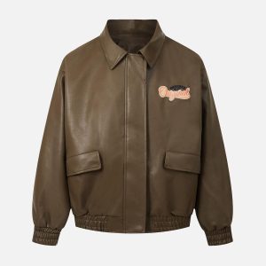 Concert Outfit Lettering Embroidered Leather Bomber Jacket