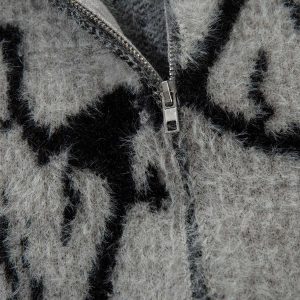 Concert Outfit Lightning Graphic Imitation Mink Fur Zip Up Sweater