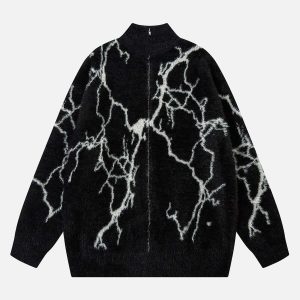 Concert Outfit Lightning Graphic Imitation Mink Fur Zip Up Sweater