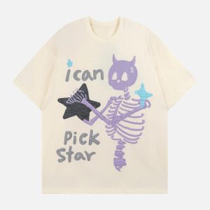 Concert Outfit Made Retro Skull Letter Foam T-Shirt