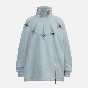 Concert Outfit Metal Button Multi Zipper Suede Fleece Sweatshirt