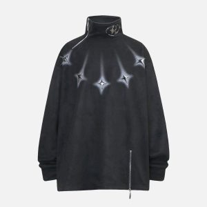 Concert Outfit Metal Button Multi Zipper Suede Fleece Sweatshirt