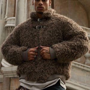 Concert Outfit Metal leather button Faux Fur Jacket