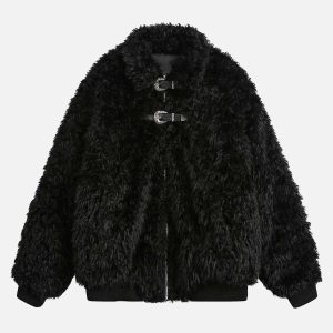 Concert Outfit Metal leather button Faux Fur Jacket