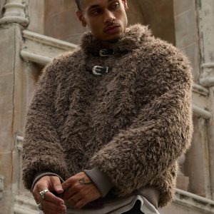 Concert Outfit Metal leather button Faux Fur Jacket