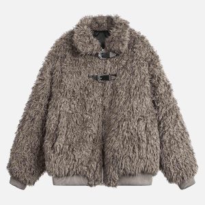 Concert Outfit Metal leather button Faux Fur Jacket