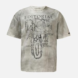 Concert Outfit Mud-Dyed Dirty Spray Cross Print Street Rap T-Shirt
