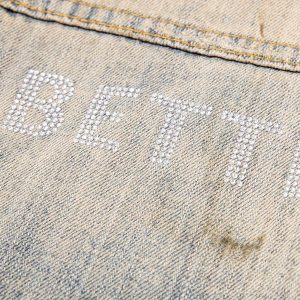 Concert Outfit Mud-Dyed Distressed Rhinestone Denim Jacket