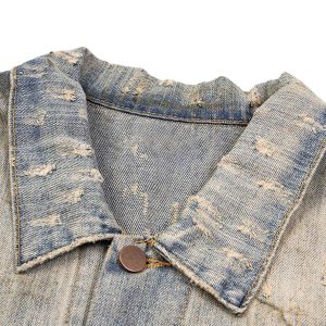 Concert Outfit Mud-Dyed Distressed Rhinestone Denim Jacket