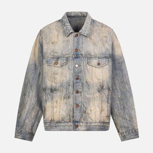 Concert Outfit Mud-Dyed Distressed Rhinestone Denim Jacket
