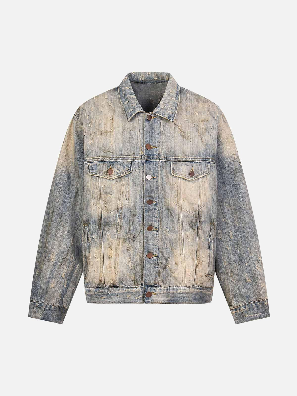 Concert Outfit Mud-Dyed Distressed Rhinestone Denim Jacket Concert Outfit Mud-Dyed Distressed Rhinestone Denim Jacket