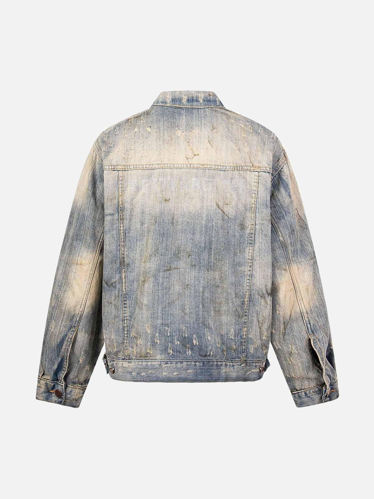 Concert Outfit Mud-Dyed Distressed Rhinestone Denim Jacket Concert Outfit Mud-Dyed Distressed Rhinestone Denim Jacket