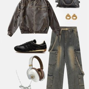 Concert Outfit Multi Pocket Faux Leather Cropped Jacket