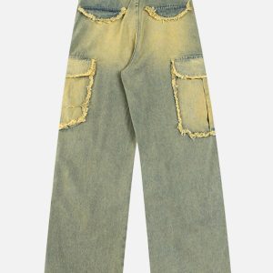 Concert Outfit Multi Pocket Fringe Washed Jeans