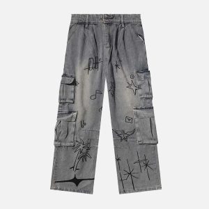 Concert Outfit Painted Washed Multi-Pocket Cargo Jeans