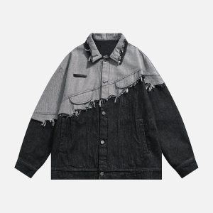 Concert Outfit Paneled Color Contrast Ripped Denim Jacket