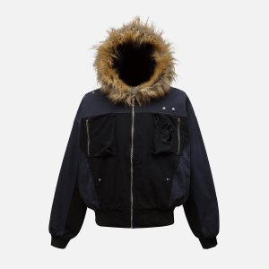 Concert Outfit Patchwork Embroidered Fur Hooded Jacket