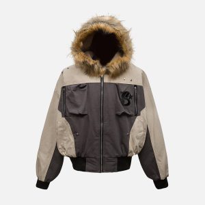Concert Outfit Patchwork Embroidered Fur Hooded Jacket