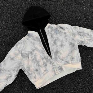 Concert Outfit Patchwork Faux Two-Piece Gradient Hooded Bomber Jacket