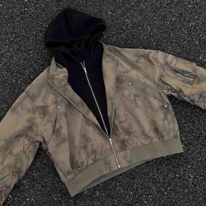 Concert Outfit Patchwork Faux Two-Piece Gradient Hooded Bomber Jacket