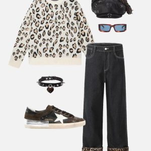 Concert Outfit Patchwork Leopard Print Jeans