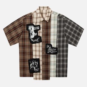 Concert Outfit Patchwork Plaid Short-Sleeve Shirt