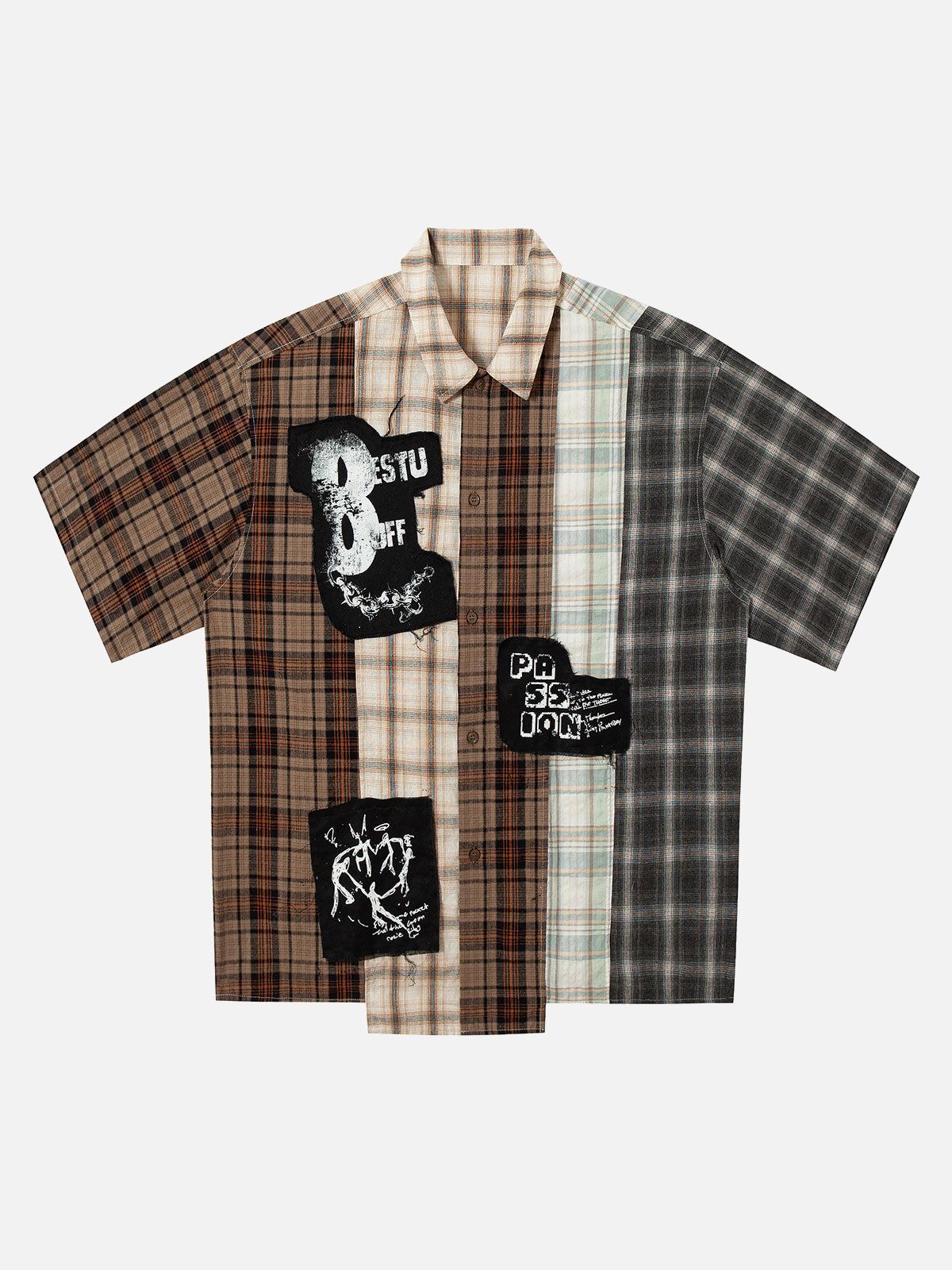 Concert Outfit Patchwork Plaid Short-Sleeve Shirt Concert Outfit Patchwork Plaid Short-Sleeve Shirt