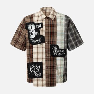 Concert Outfit Patchwork Plaid Short-Sleeve Shirt