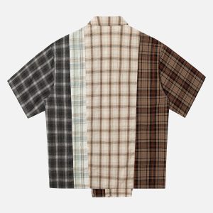 Concert Outfit Patchwork Plaid Short-Sleeve Shirt
